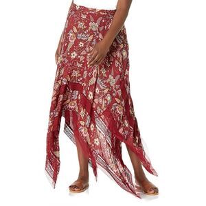 BCBGMAXAZRIA Boho Floral Print Handkerchief Asymmetrical Midi Skirt Burgundy S